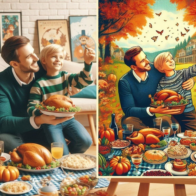 a family is eating a meal and the man is holding a plate of food