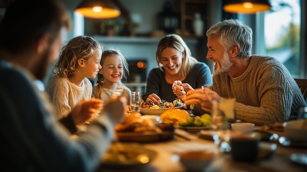 a family is eating a meal at a table with a family