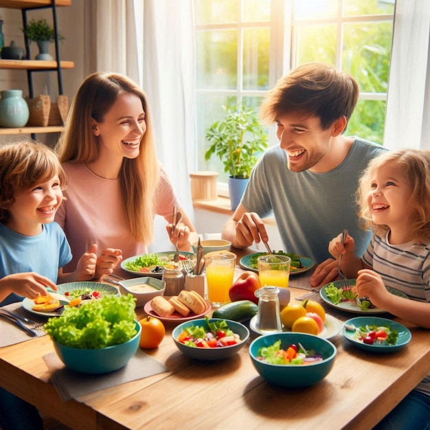 Photo a family is eating a meal at a table with a man and two children