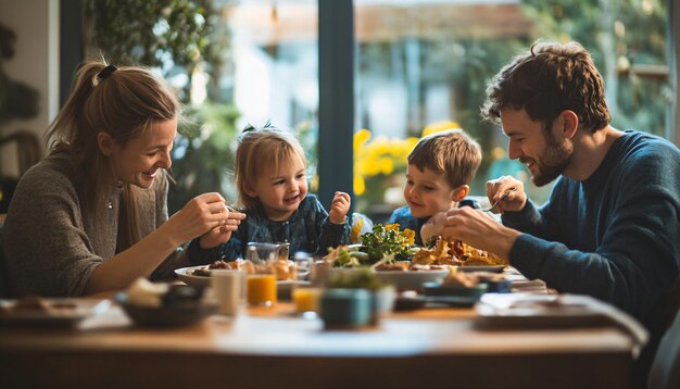 Photo a family is eating a meal at a table with a man and two children