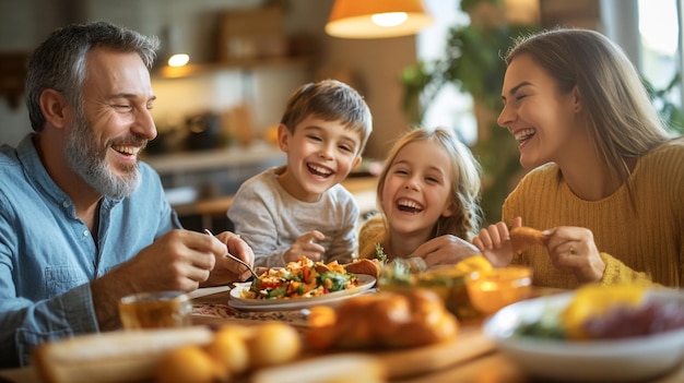 a family is eating a meal at a table