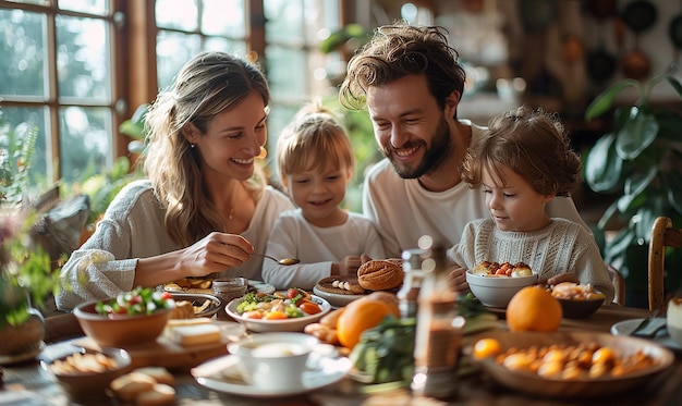 a family is eating a meal together with their children