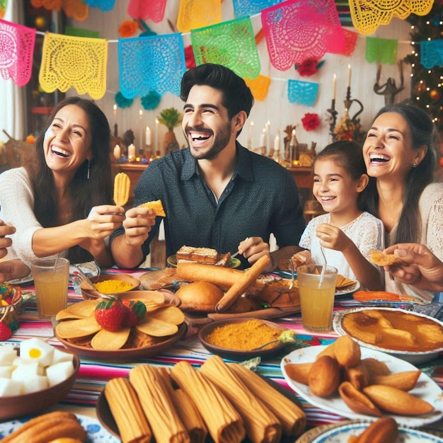 a family is eating a meal with a banner that says quot happy family quot