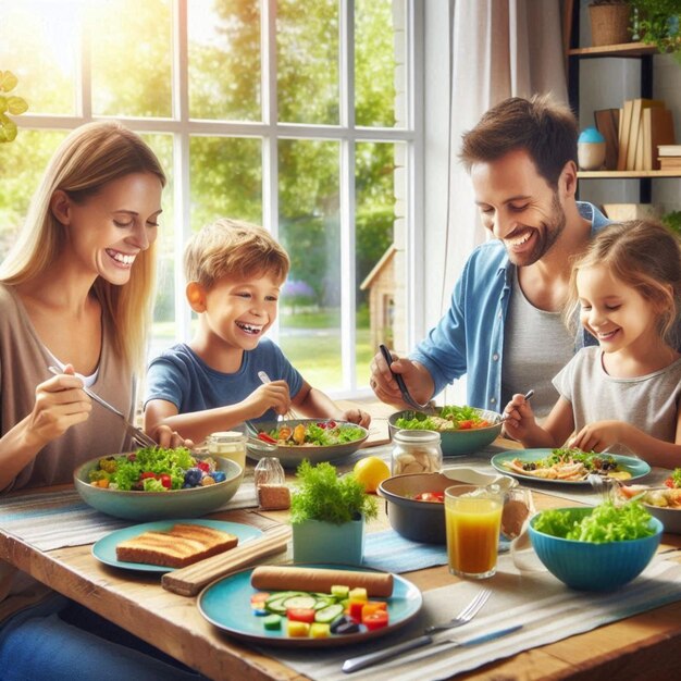 Photo a family is eating a meal with their children