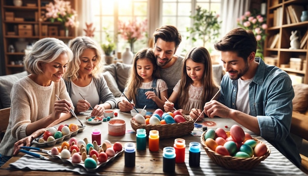 Family is gathered around a rustic wooden table engaged in the festive activity of painting eggs