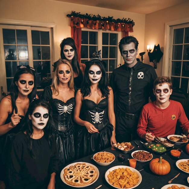 Photo a family is gathered around a table with food and drinks