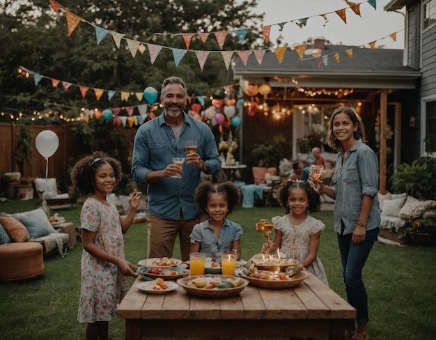 a family is gathered around a table with food and drinks