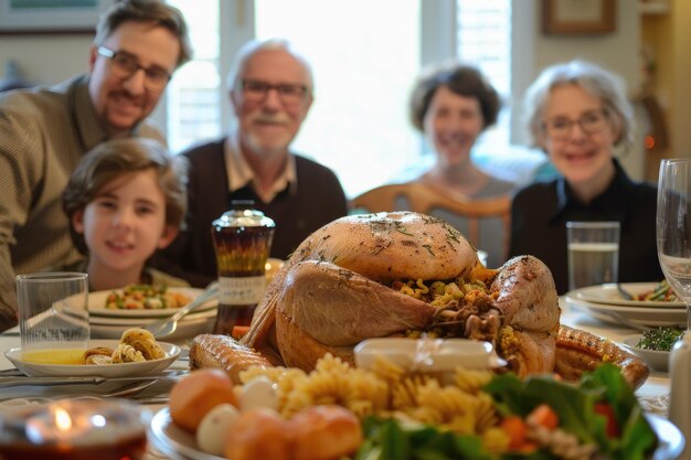 A family is gathered around a table with a large turkey and a variety of dishes