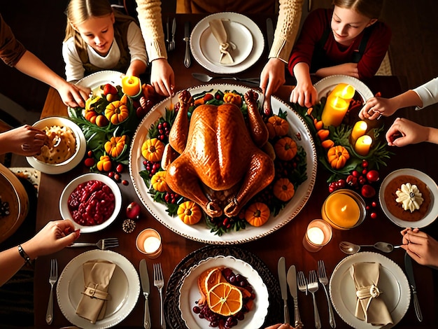 a family is gathered around a table with a turkey on it