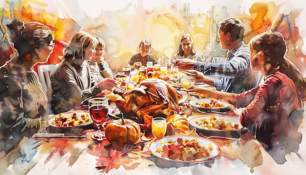 A family is gathered around a table with a turkey and pumpkin dishes