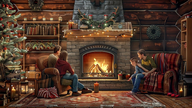 A family is gathered by the fireplace on a Christmas Eve