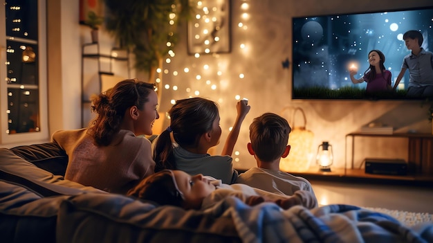 A family is gathered on the couch watching TV with string lights and warm lamps in the background