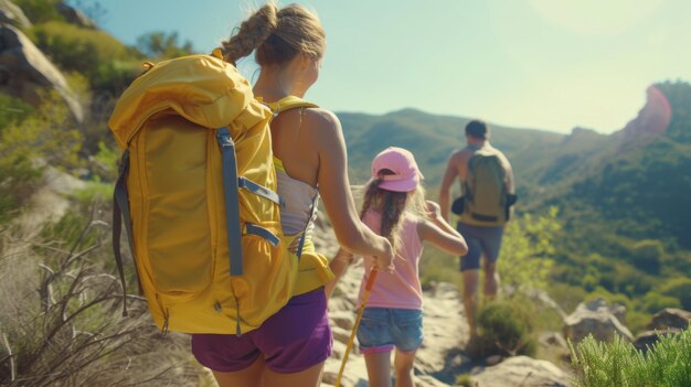 Photo a family is on a hiking adventure walking on a mountain trail with a focus on a person with a yellow backpack leading a child by the hand