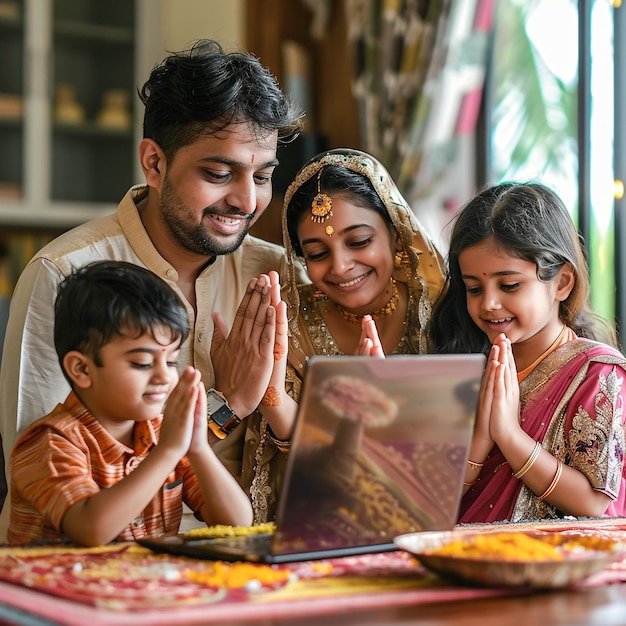 Photo a family is looking at a laptop with their hands on the table