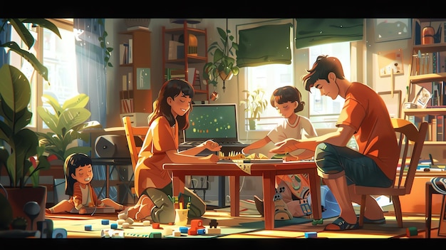 A family is playing a board game together in their living room The room is decorated