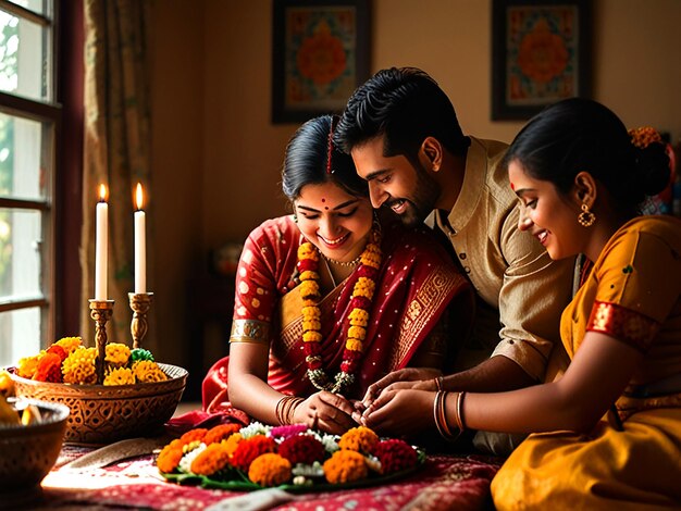 a family is preparing offerings to a new years eve celebration