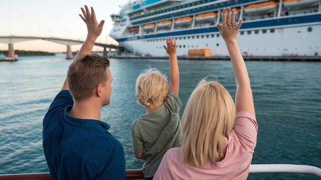 Photo a family is riding a boat and the man is waving to the ship