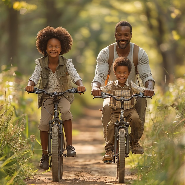 a family is riding their bikes on a path in the woods