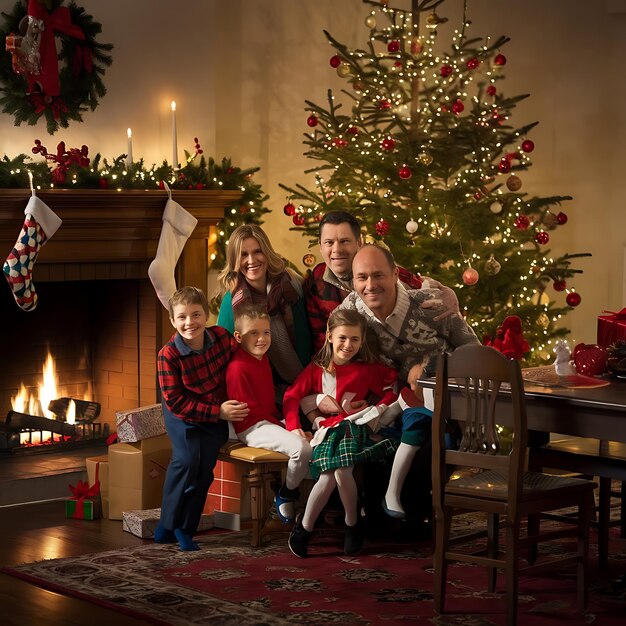 a family is sitting around a fireplace with a christmas tree in the background