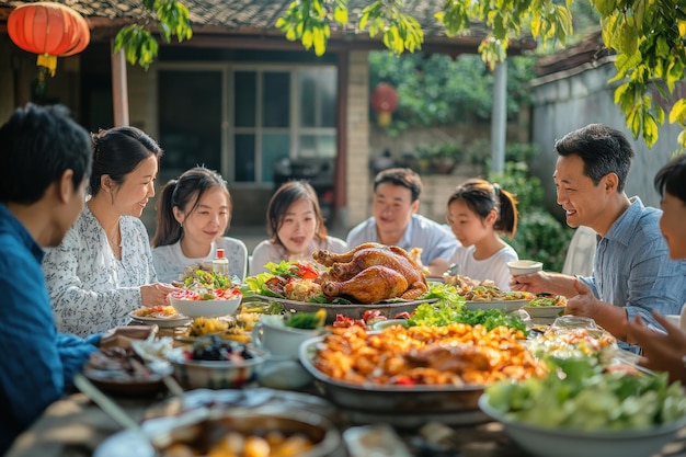 a family is sitting around a table with a turkey on it