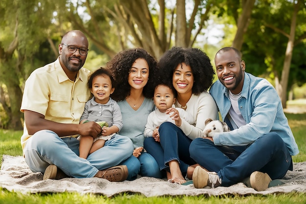 a family is sitting on a blanket with a dog