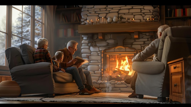 A family is sitting by the fireplace The grandfather is reading a book to the grandson The grandmother is sitting next to them knitting