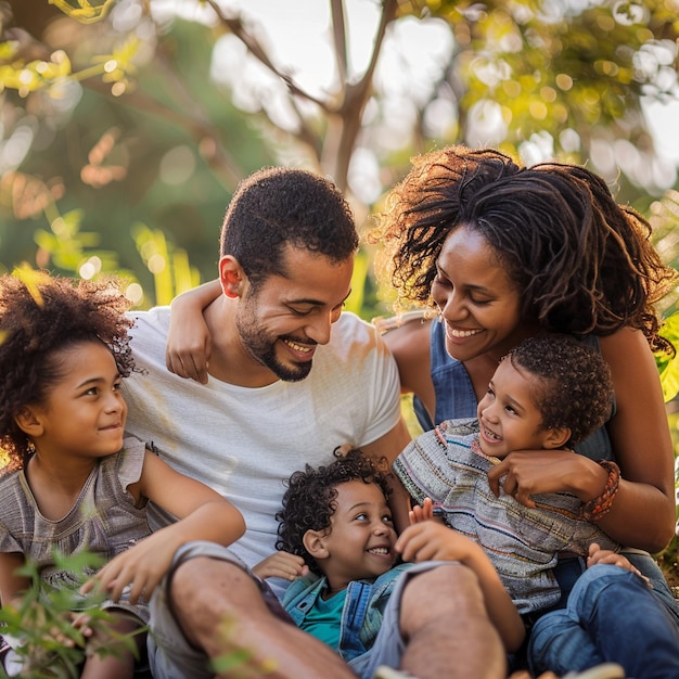 a family is sitting in the grass and one of the children is wearing a white shirt