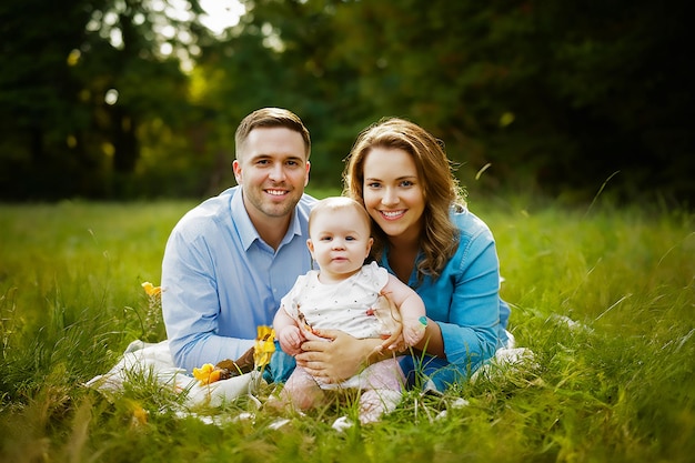 a family is sitting in the grass with a baby