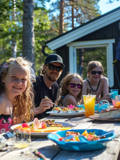 Photo a family is sitting at a table with food and drinks