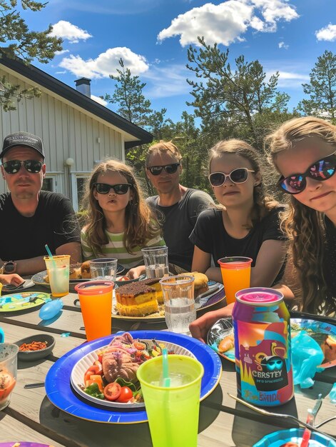 Photo a family is sitting at a table with food and drinks