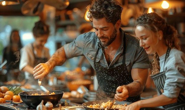 a family is sitting at a table with food and the man is smiling