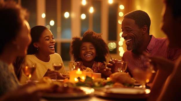 a family is sitting at a table with a happy family