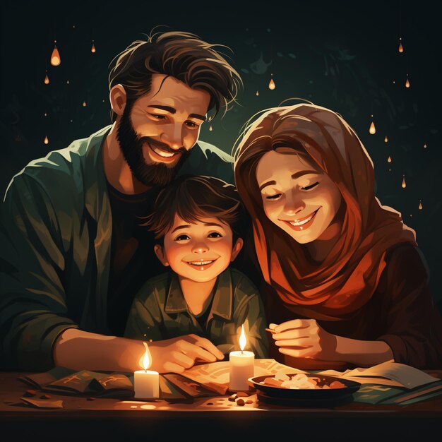 a family is sitting at a table with a lit candle