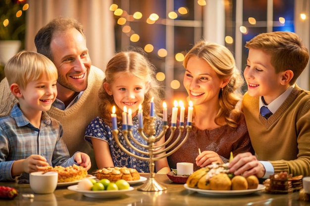 Photo a family is sitting at a table with a lit candle