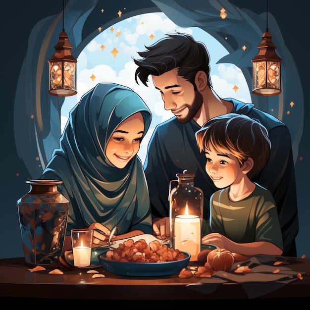 a family is sitting at a table with a plate of food with a candle that says  a  no