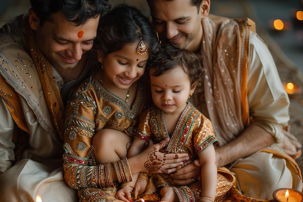 Photo a family is sitting together and the baby is wearing a dress