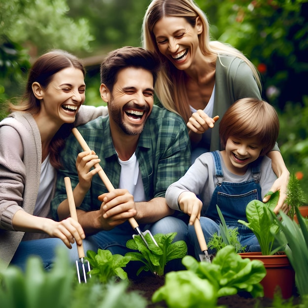 Photo a family is smiling and the child is holding a stick and the boy is smiling