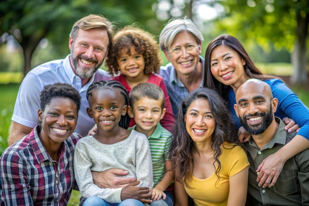 Photo a family is smiling and hugging each other with the sun behind them