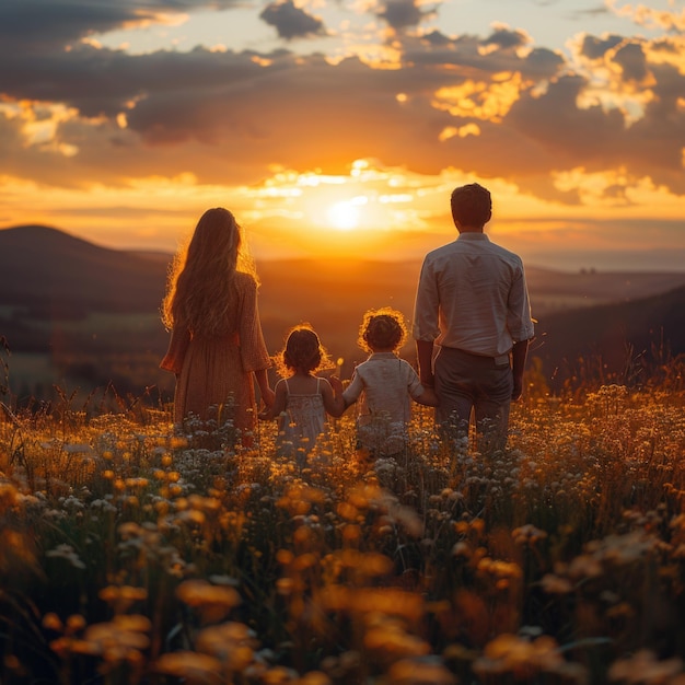 a family is standing in a field with the sun setting behind them