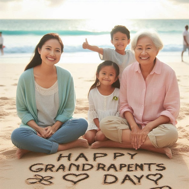 a family is standing on the sand with the words happy birthday written in the sand