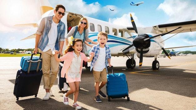 a family is walking towards a plane with a blue suitcase