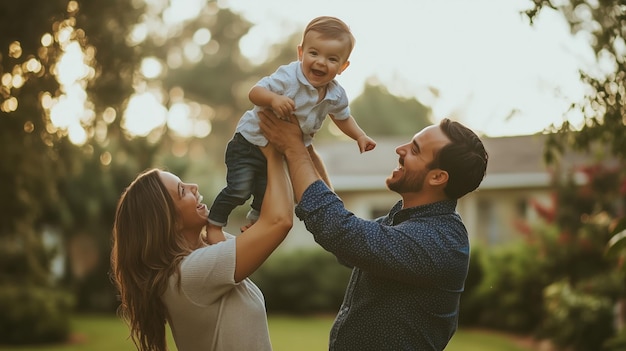 Family joyfully playing together in a garden during golden hour celebrating a moment with their smiling child