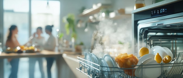 Photo family kitchen with dishwasher running steadily