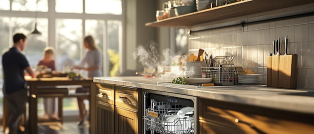 Photo family kitchen with dishwasher running steadily