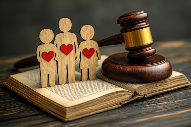 Family law gavel standing on old book protecting family figure