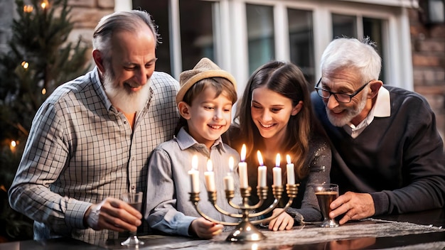 Family Lighting Menorah Candles Outdoors Serene Evening Celebration of Hanukkah with Glowing Candl