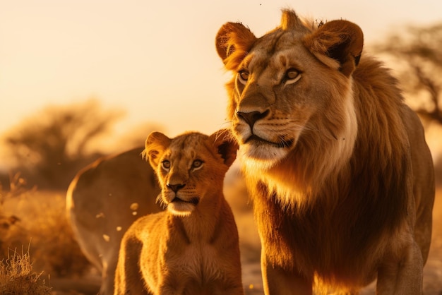 A family of lions in the African savanna at sunset