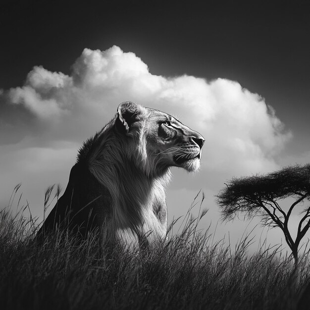 Photo a family of lions in the african savannah a realistic black and white photo surrounded by fog