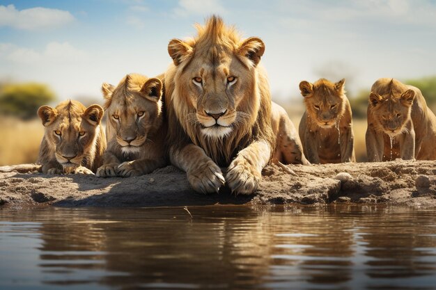 Photo a family of lions are laying on a log in the water