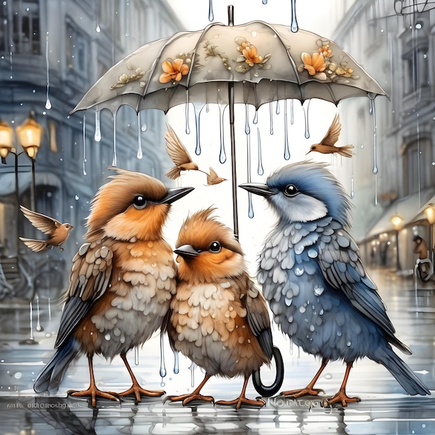 A family of little birds is gathered under the mother's umbrella The rain is falling and the mothe